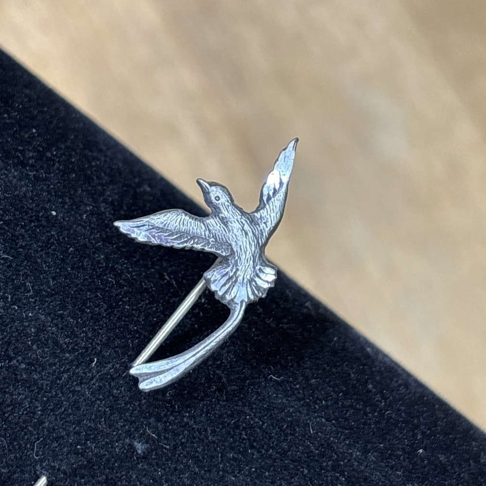Vintage Italian Artisan Pewter Bird Lapel Stick Pin Signed Mid Century Souvenir